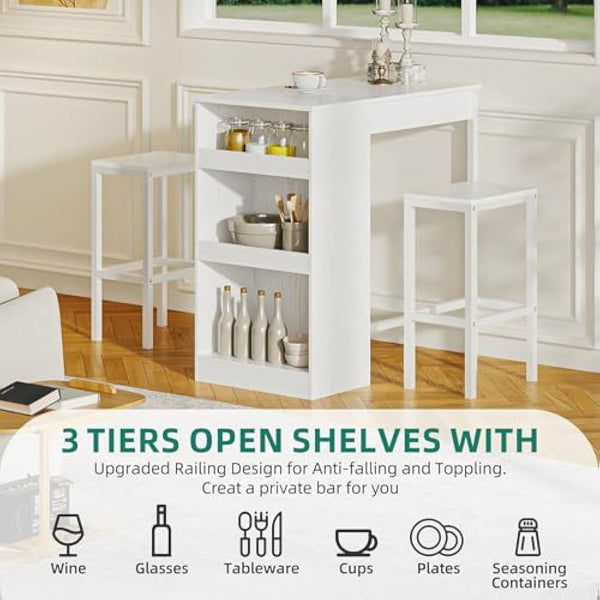 YITAHOME Breakfast Bar Table, Bar Table Set with Bar Stools, 2, Bar Table and Stools Set Dining Bar Tables Footrest and Storage Shelf for Kitchen Dining Room Pub Industrial Steel Frame(White)