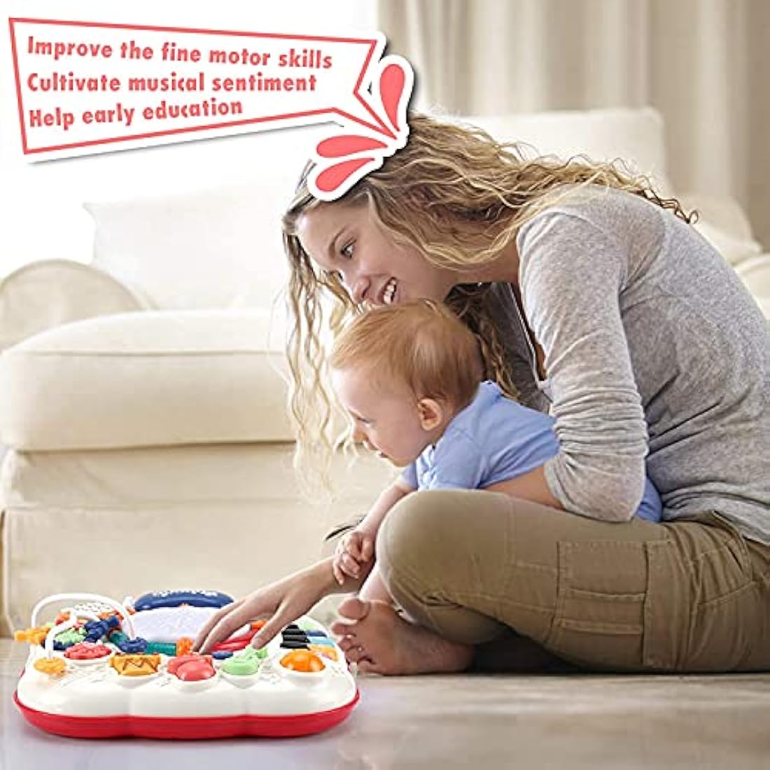 Innoocool Baby Activity Table Sensory Toys, Birthday Gift Music Learning Table for 0-6 Months 1 2 3 Year Old Boys and Girls, Early Education Music Table with Light and Sound 30×30×29cm, Red