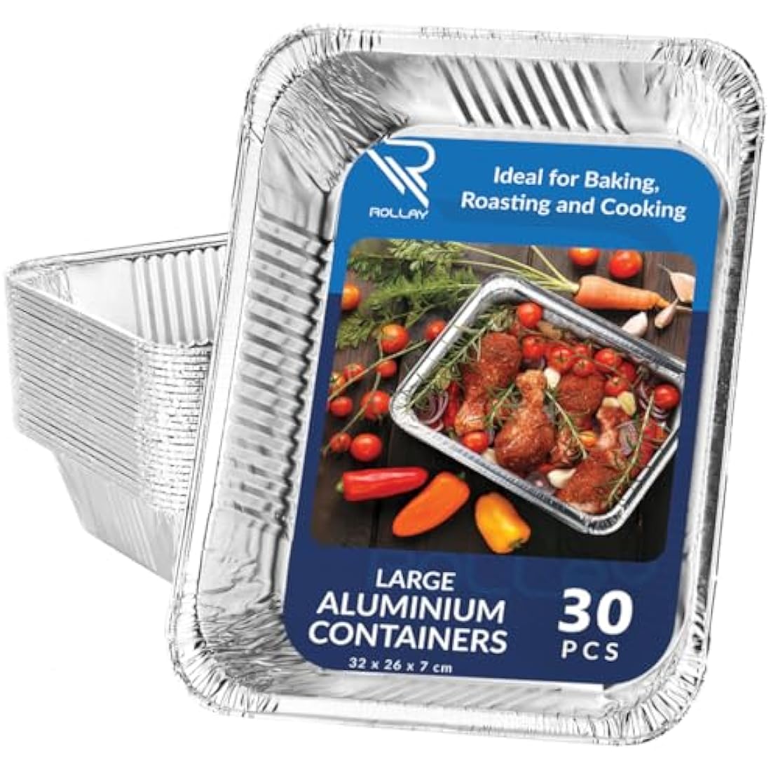 Rollay Large Aluminium Foil Trays Deep (32x26x7 cm) - Tin Foil Trays Containers for Cooking, Baking, Broiling, Roasting, BBQ, and Party (3500ml) (30 Trays)