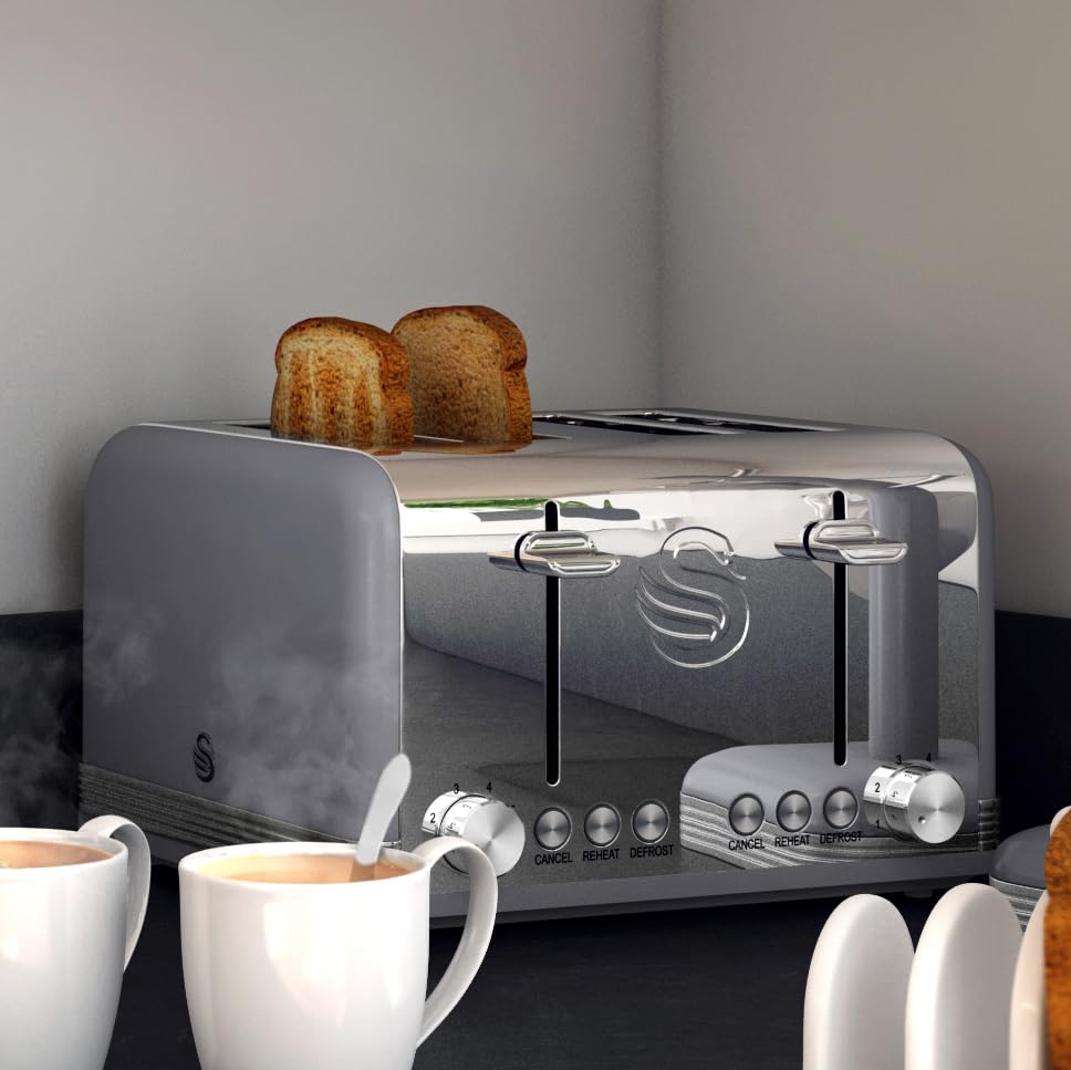Swan ST19020GRN Retro 4-Slice Toaster with Defost/Reheat/Cancle Functions, Cord Storage, 1600W, Retro Grey