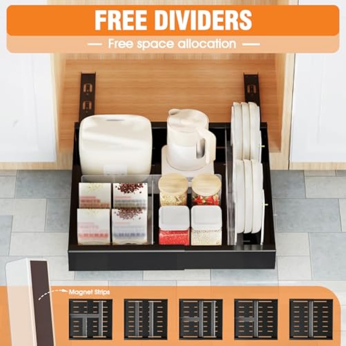 Ronlap Slide Out Drawer, Extendable Pull Out Cabinet Organizer Kitchen Cupboard, Sliding Drawer, No Drilling and Nailing, Kitchen Storage Black