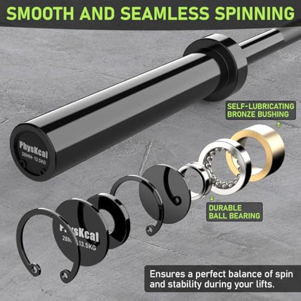 PhysKcal 4ft, 5ft, 6ft Barbell, Olympic EZ Curl Bar with Smooth Bushing & Bearing for 2'' Weight Plates, International Barbells for Press, Squat, Deadlift and Multiple Purposes