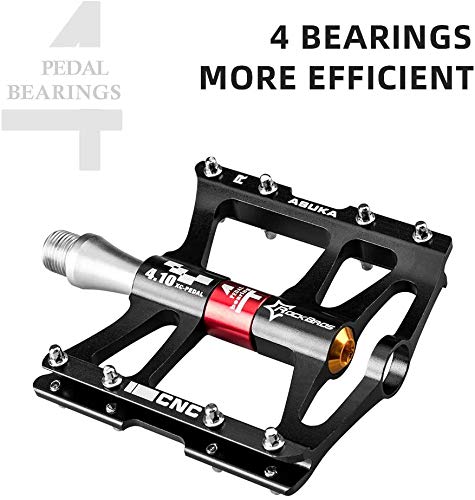 ROCKBROS Mountain Bike Pedals, 9/16 Inch Aluminum Alloy Flat Pedals with 4 Bearings, Wide Platform, Anti-Slip, Waterproof & Dustproof Black