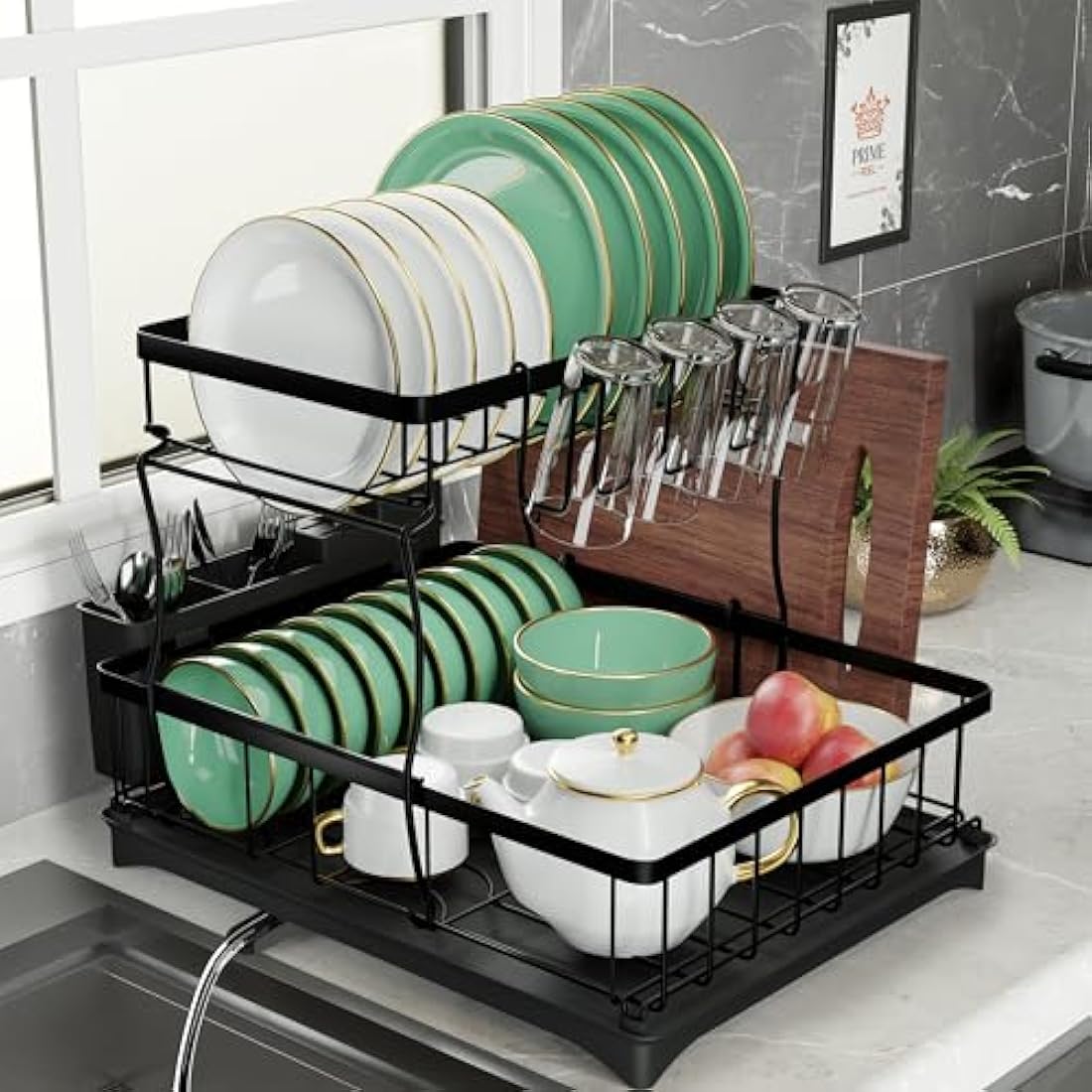 PRIME FEEL 2 Tier Dish Drainer Rack, Rustproof Dish Drying Rack for Kitchen Countertop, Draining Board Rack with Drip Tray, Cutlery Drainer, Glass Holder & Chopping Board Rack, (Black)