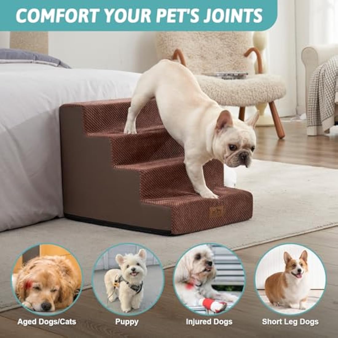 COZY KISS Dog Stairs for Small Dogs, 4 Tier Wider Pet Stairs for Bed Sofa Car, 45cm H Non-Slip Dog Steps for Old Cats, Puppy, Small Medium Dogs, 60x45x45 cm, 4 Tiers, Brown