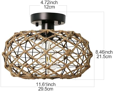 LynPon Boho Ceiling Light Woven Hemp Rope Rattan Cage Wicker Retro Rustic Coastal Semi Flush Mount Light Fixture for Bedroom Hallway Entryway Kitchen