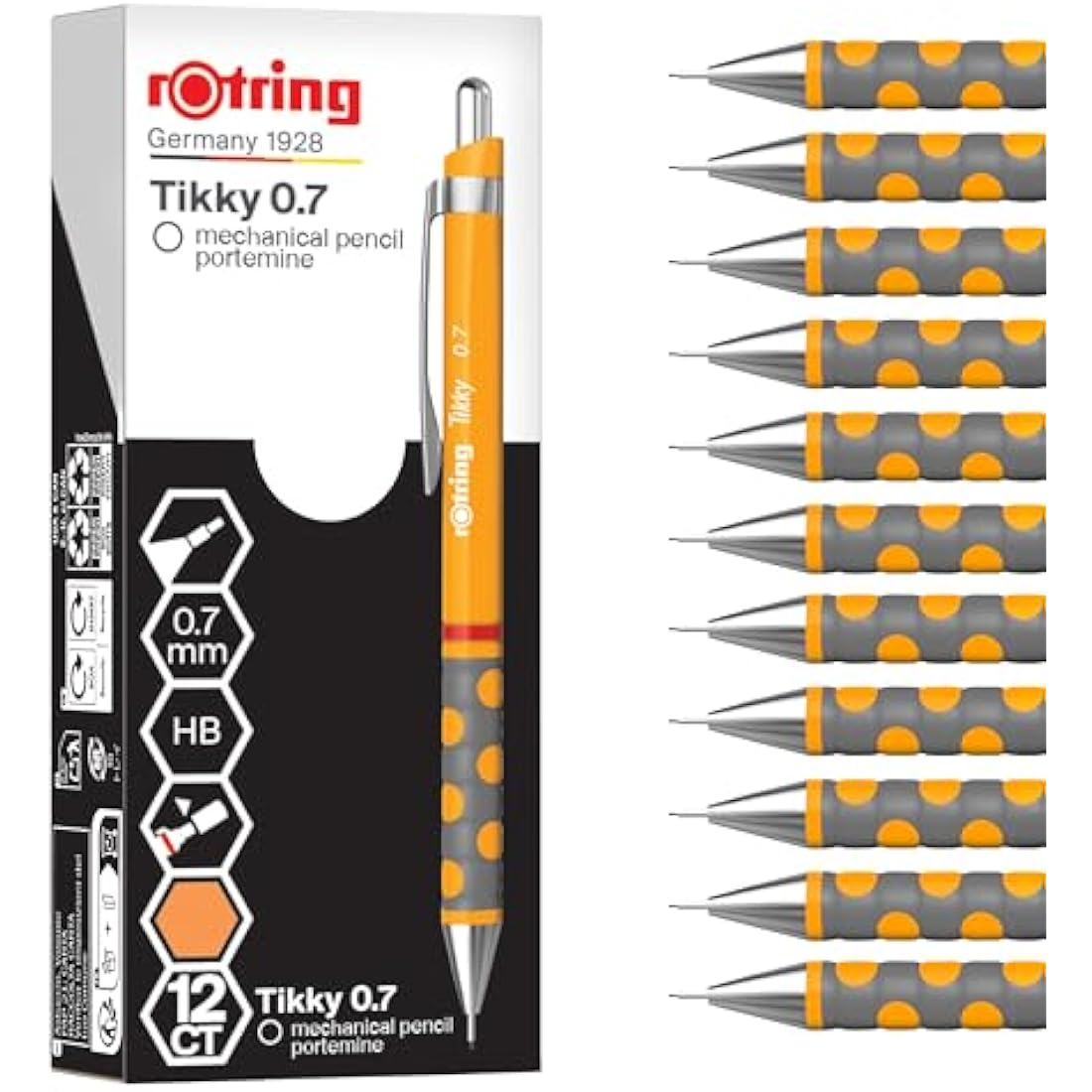 rOtring Tikky Mechanical Pencil | HB 0.7 mm | Marigold (orange) Barrel | Lightweight with Rubberised Grip | 12 Count