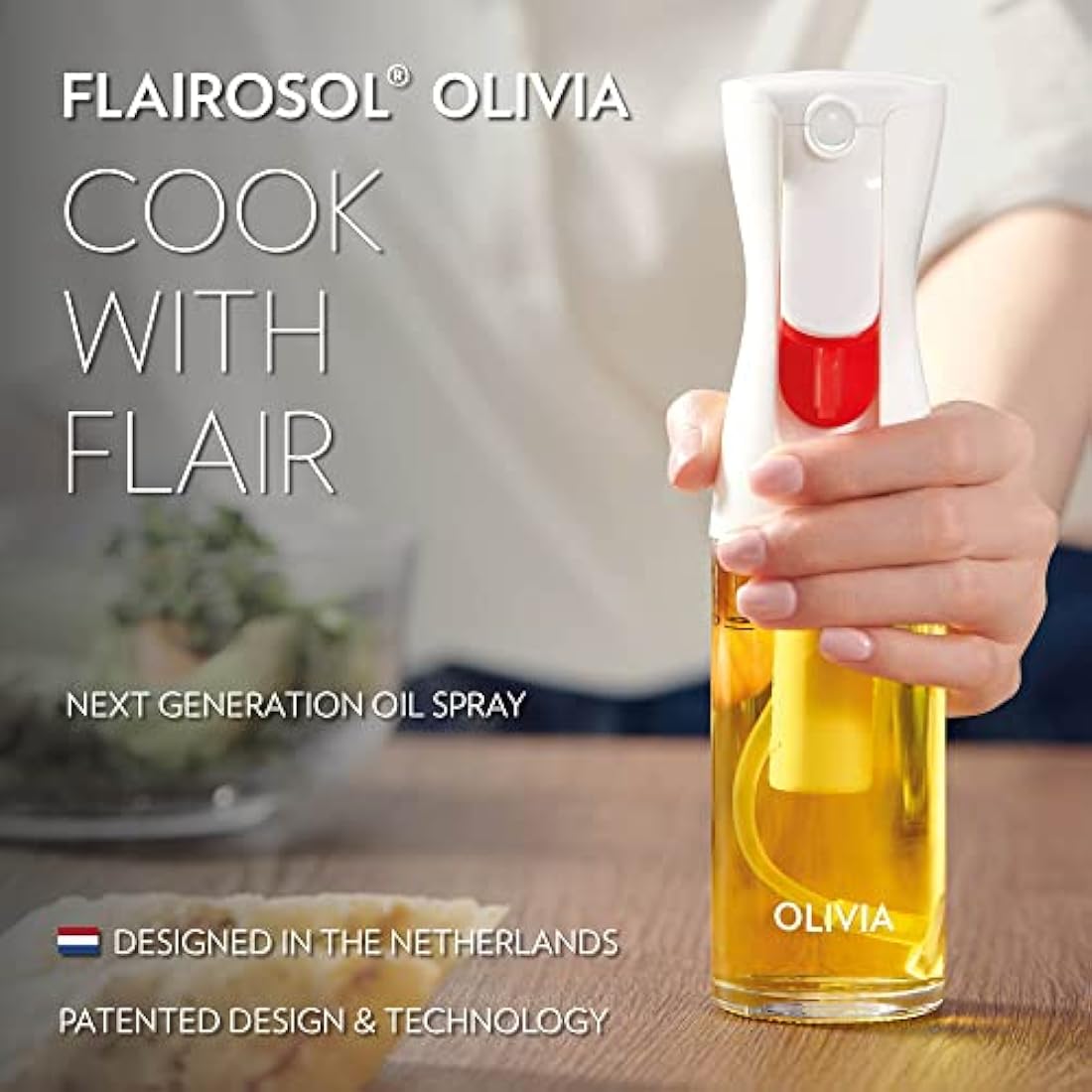 FLAIROSOL OLIVIA. The Original Advanced Oil Sprayer for Cooking, Kitchen, Salads, BBQs, Continuous Spray with Portion Control, 130ml Glass Olive Oil Sprayer(White Print)