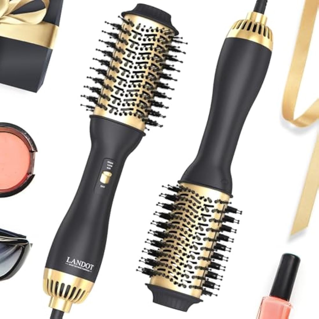 LANDOT Hair Dryer Brush, Lightweight Heated Hair Brush, One-Step Hot Air Stylers and Volumizer Blow Dryer for Drying Straightening Curling Volumizing (Black/Gold)