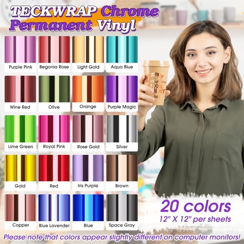 TECKWRAP Holographic Chrome Adhesive Craft Vinyl Sheets Metallic Adhesive Vinyl with Air Channels Precut Sheets 12" x 12" 20 Sheets/Pack for Craft Cutters,Sign Plotters
