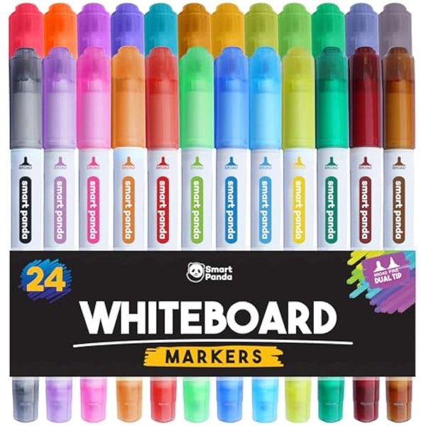Smart Panda 24 Whiteboard Pens Dual Tip, Thin Erasable Markers, Medium and Fine – Dry Erase Colour Markers for Kids - 24 Set