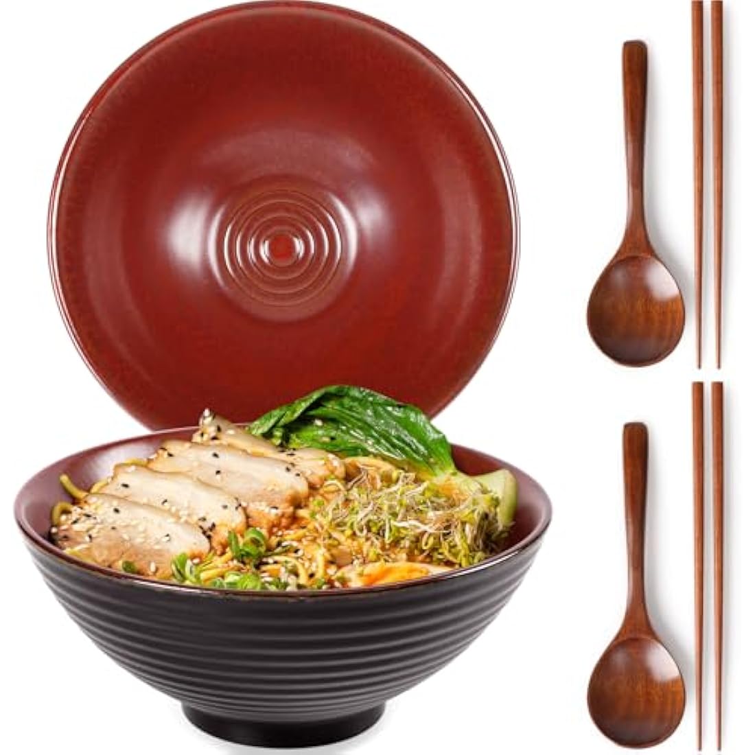 NUTRIUPS 1200ml Ceramic Ramen Bowl Set of 2 Noodle Bowls with Chopsticks and Spoons (Agate Red)