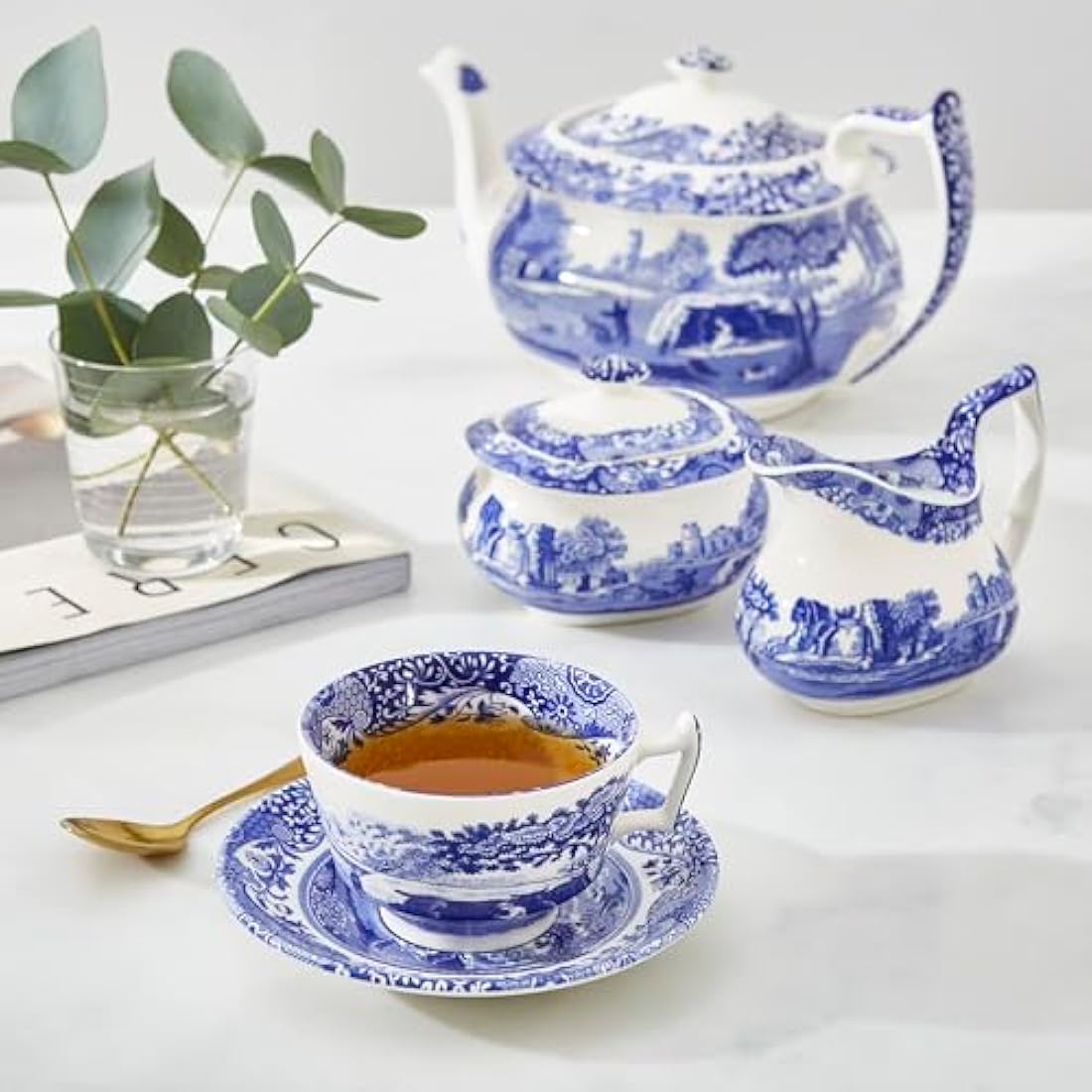 Spode Blue Italian Teacup and Saucer, Set of 4