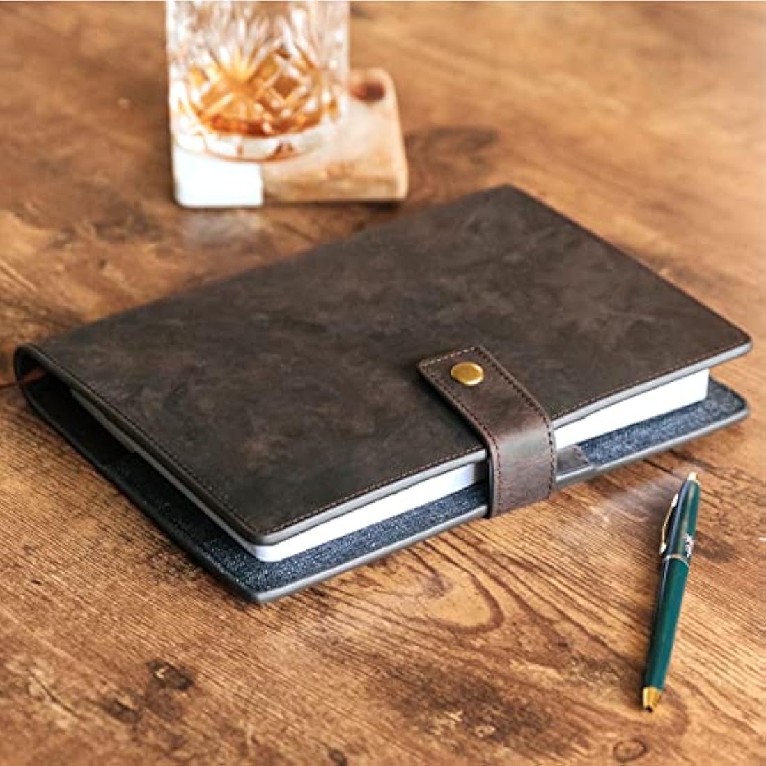 CASE ELEGANCE Full Grain Premium Leather Refillable Journal Cover with A5 Lined Notebook, Pen Loop, Card Slots, Brass Snap