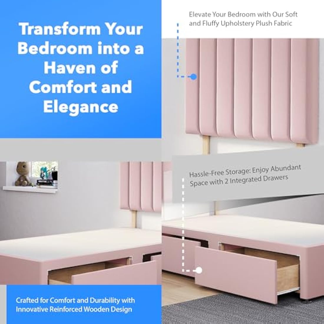 ComfoRest - Sophisticated 3FT Single Bed Base | Spacious Frame with 2 Storage Drawers | Durable Design for Practical Living | Versatile Choice for Contemporary Interiors (Pink Plush)