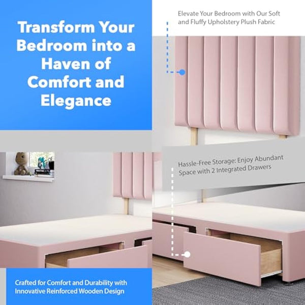 ComfoRest - Sophisticated 3FT Single Bed Base | Spacious Frame with 2 Storage Drawers | Durable Design for Practical Living | Versatile Choice for Contemporary Interiors (Pink Plush)