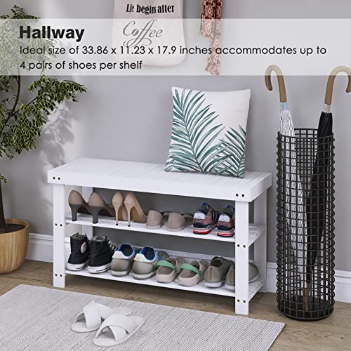 SMIBUY Bamboo Shoe Rack Bench, 3-Tier Shoe Organizer Storage Shelf for Entryway Hallway Bathroom Living Room (White)