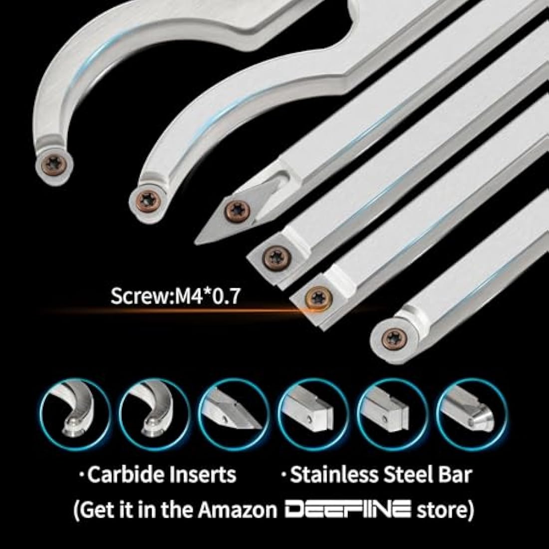 DEEFIINE Carbide Tipped Wood Lathe Turning Tools Set, Lathe Rougher Finisher Swan Neck Hollowing Tools and Interchangeable Soft Grip Handle with Diamond Round Square Carbide Inserts