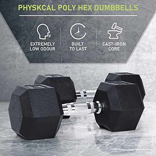 PhysKcal Hex Dumbbells 22.5kg Single, Odourless Poly Rubber Encased Dumbbells Set 2.5KG 5KG 7.5KG 10KG 12.5KG 15KG 20KG Home Gym Weights Set