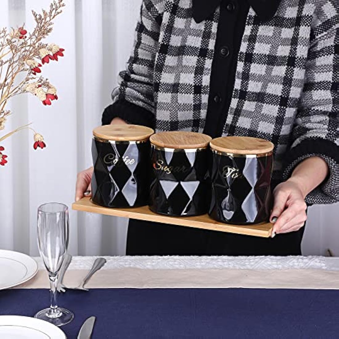 BTSKY Black Ceramic Sugar Coffee Tea Canisters with Lid and Tray - Airtight Set of 3 Storage Canisters Food Storage Containers Pots Jars with Bamboo Lid for Kitchen Counter