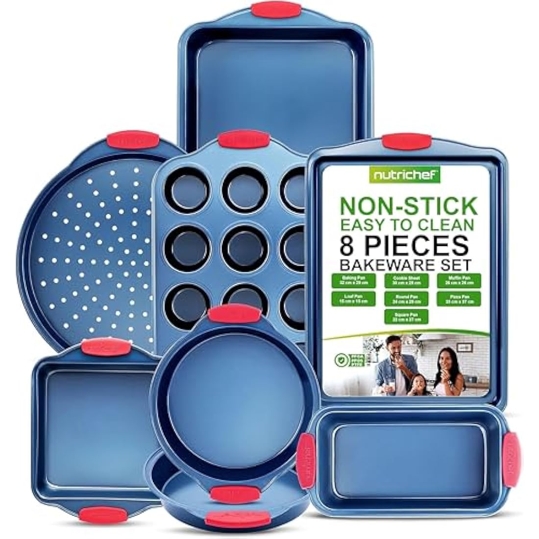 NutriChef Baking Tray Set, Oven Bakeware Trays, 8 Piece Non-Stick Oven Safe - Baking Sets, Includes: Cookie Sheets Pan, Loaf Pan, Pizza Pan, Muffin Tins, Cake Tin, Blue w/ Red Silicone Handles