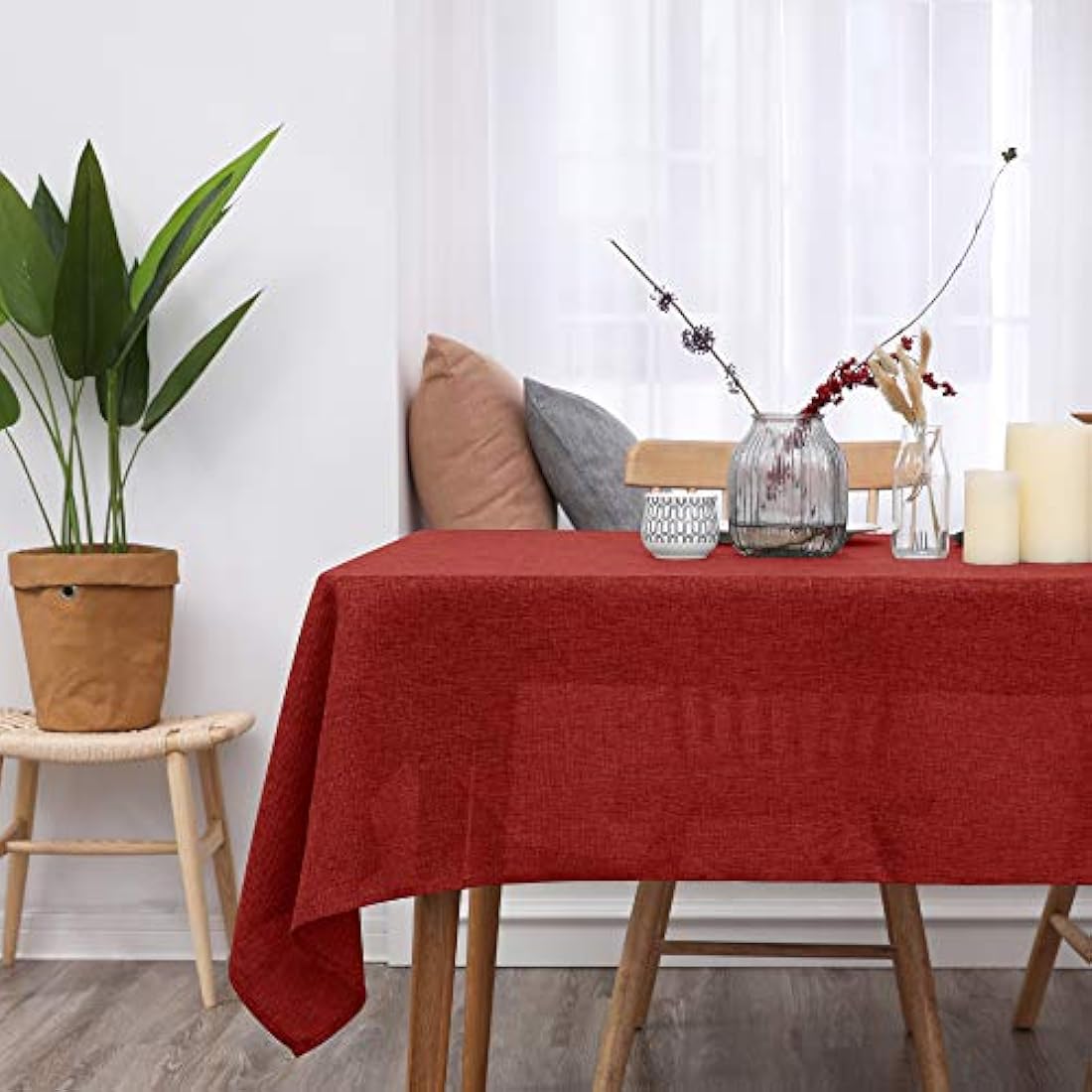 Deconovo Tablecloth 52x90in(132x229cm) Christmas Decorations Faux Linen Rectangle Water Resistant Table Cloth for Dinning Red