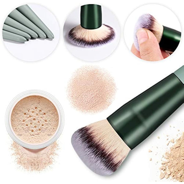 Makeup Brushes HEYMKGO 15pcs Premium Synthetic Bristles Green Conical Handle Kabuki Foundation Brush Makeup Sets Professional Portable Flannel Bag