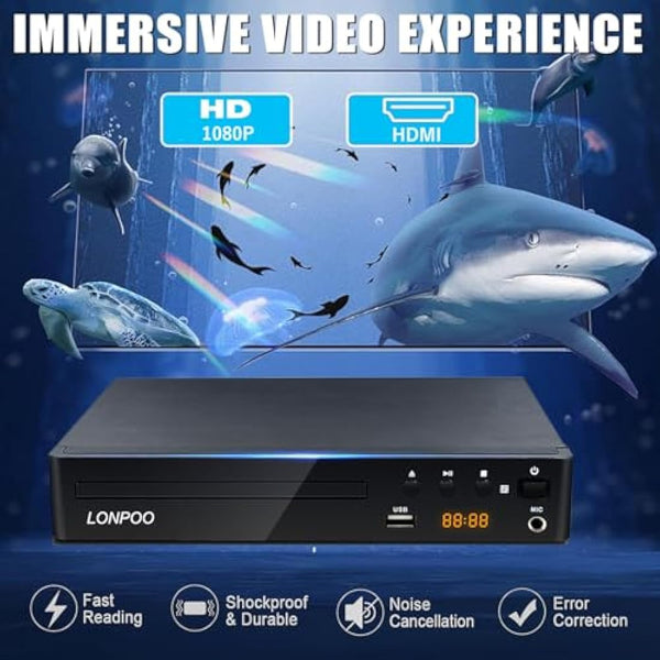 Compact DVD Player for TV - Multi-Region DVD CD Disc Player with HDMI Port, USB-IN & MIC-Out, Remote &HDMI & AV Cable Included (LP-099UK)