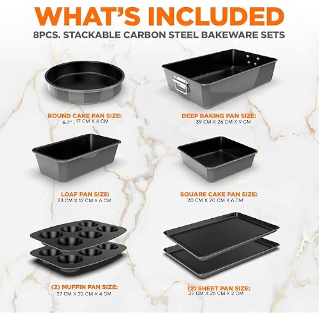 NutriChef Non-Stick Bakeware Set – 8-Piece Stackable Oven-Safe Trays with Cookie Sheet, Loaf Pan, Pizza Pan, Muffin Tin, Cake Tin, Round & Square Pans – Durable & Space-Saving