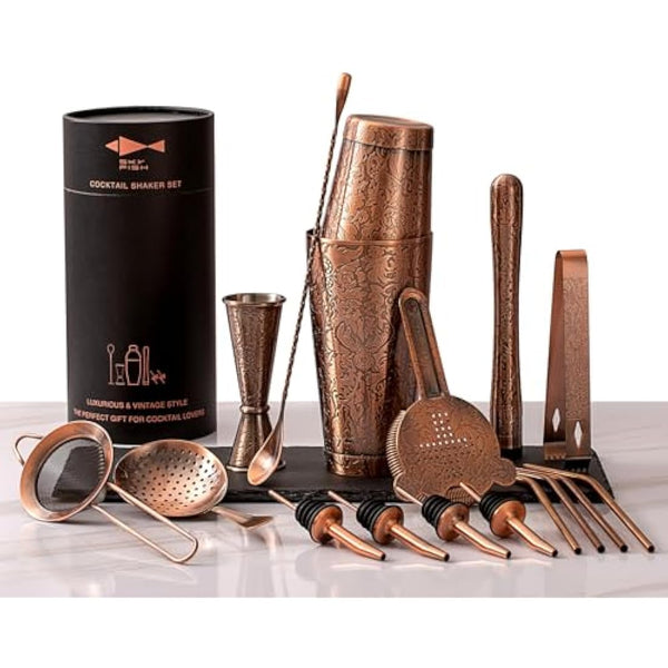 SKY FISH Boston Cocktail Shaker Set, 3D Embossed Design Bartender Set, 18-Piece Cocktial Making Kit, Stainless Steel Barware Tool Set, Antique Copper