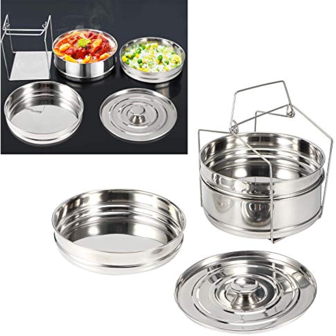 Ladieshow Stackable 3 Tier Stainless Steel Steamer Cooker Pot Set Cook Food Pressure Pot Accessories for Pressure Cooker, Upgrade Interchangeable Lids