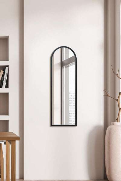MirrorOutlet The Arcus - Black Metal Framed Modern Arched Wall Mirror 47" X 16" (120CM X 40CM) Black. 2cm Wide Frame and 3cm Deep.