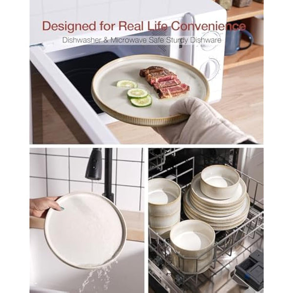 Richmount Star Plates and Bowls Set, 18 Pieces Dinner Sets for 6 People, Stoneware Dinnerware Sets with Dinner Plates/Salad Plate/Cereal Bowls, Dishwasher & Microwave Safe, Cappuccino White