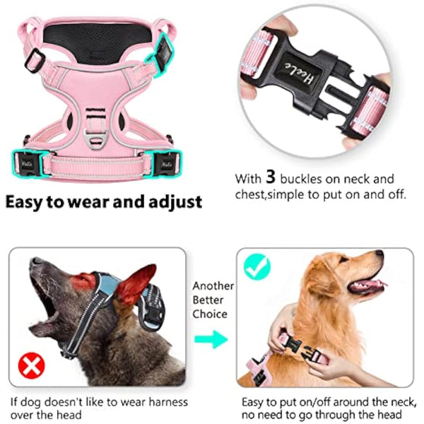 HEELE No Pull Dog Harness, Ex-Large, Release on Neck, Reflective, Adjustable with Front Back 2 Leash Attachments, Soft Padded Control Handle, Light Pink, XL