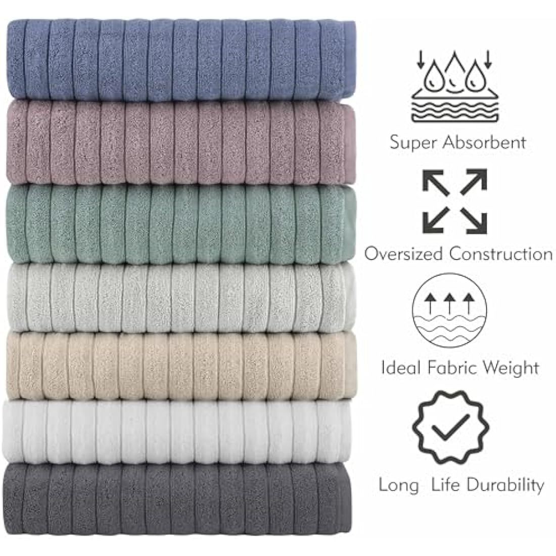 BERIBO Turkish Towel Set 100% Cotton (Cloud) 6 Pieces, 620gsm (Grey)