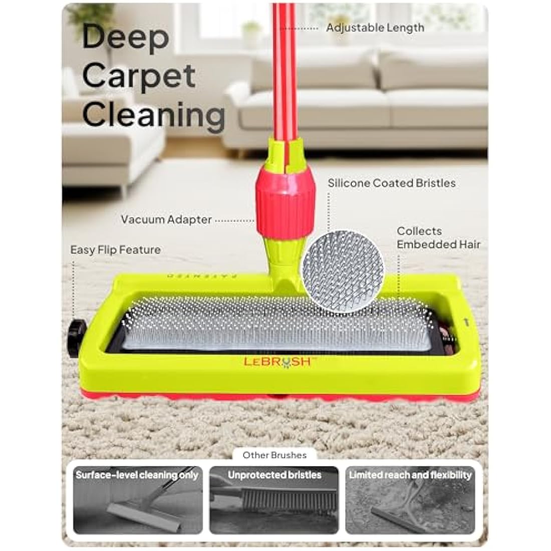 LeBRUSH 2.0 Pet Hair Broom for Carpet for Short & Long Cat, Dog Fur | Remover for Carpet & Couch, Pet Hair Rake, Dog Fur Remover