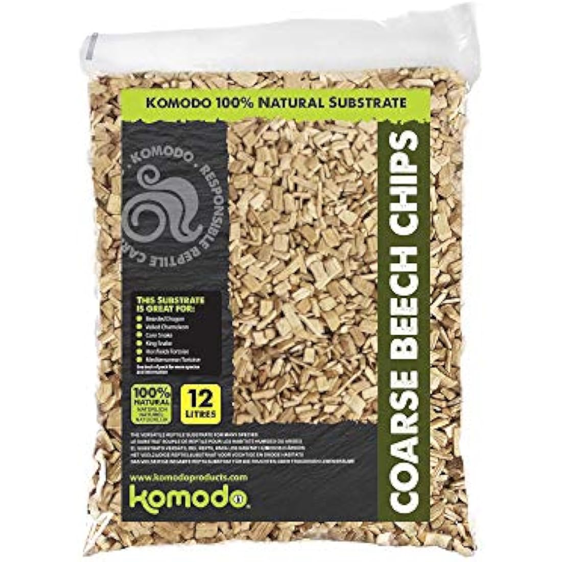 Komodo Coarse Beech Chips Substrate for Reptile Cage Vivarium Habitat Premium Natural Non Toxic Durable Long Lasting Moisture Control Bedding - 12L