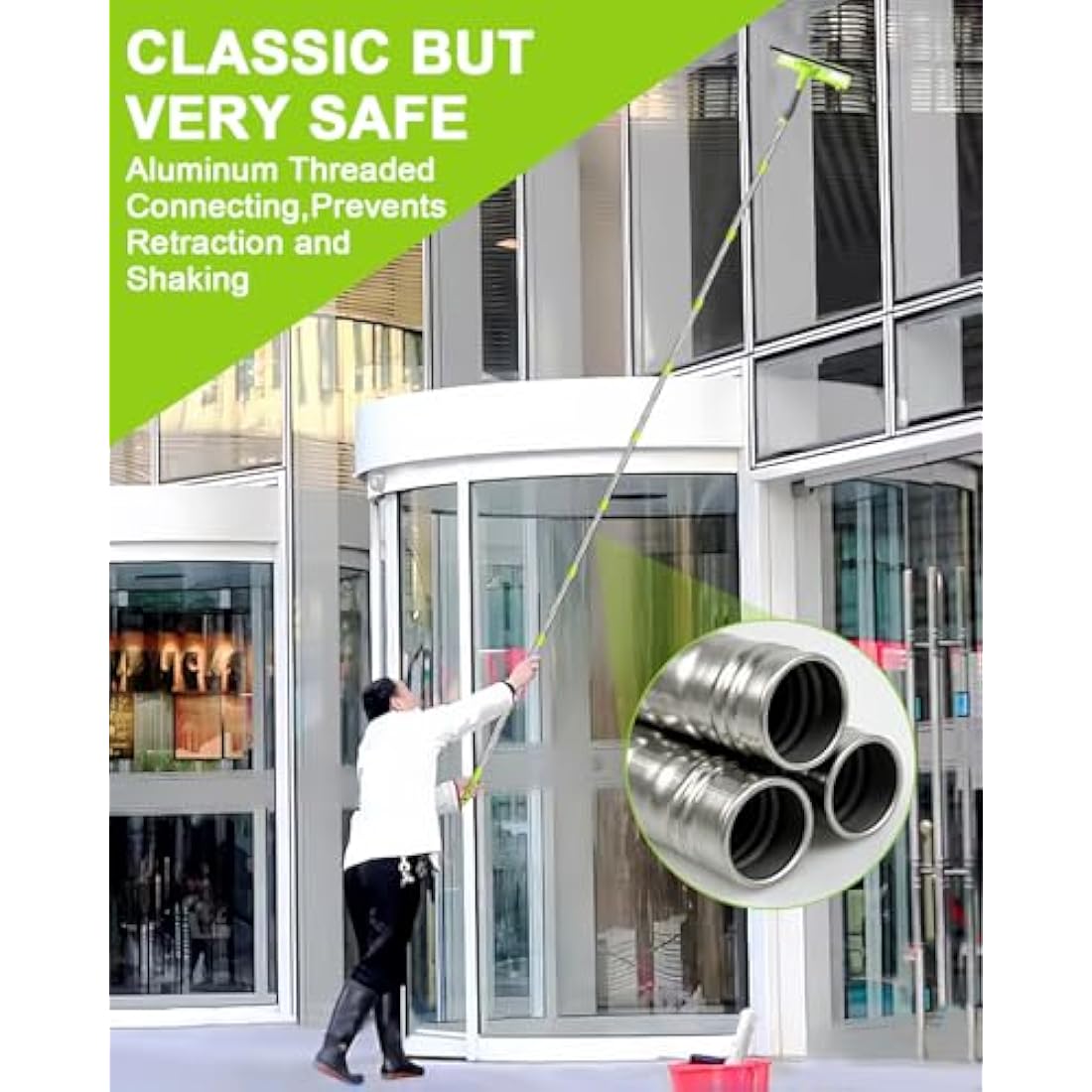 3.6 Meters Window Cleaning Kit Extra Long 2in1 Cleaner Equipment, Professional Window Squeegee Glass Cleaning Tool with Spare Microfiber Cloth Squeegee Strips, Screw-on Type