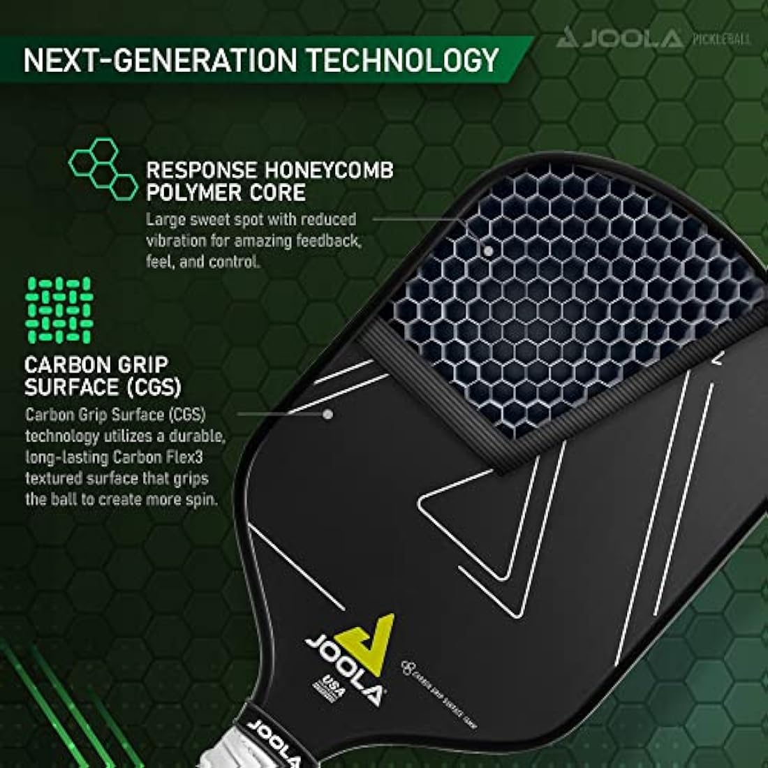 Joola Vision Pickleball Paddle with Textured Carbon Grip Surface Technology for Maximum Spin and Control with Added Power - Polypropylene Honeycomb Core Pickleball Racket