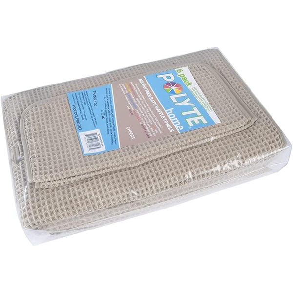 POLYTE Microfibre Oversize, 76 x 152 cm, Quick Dry Lint Free Bath Towel Set, 6 Piece (Beige, Waffle Weave)