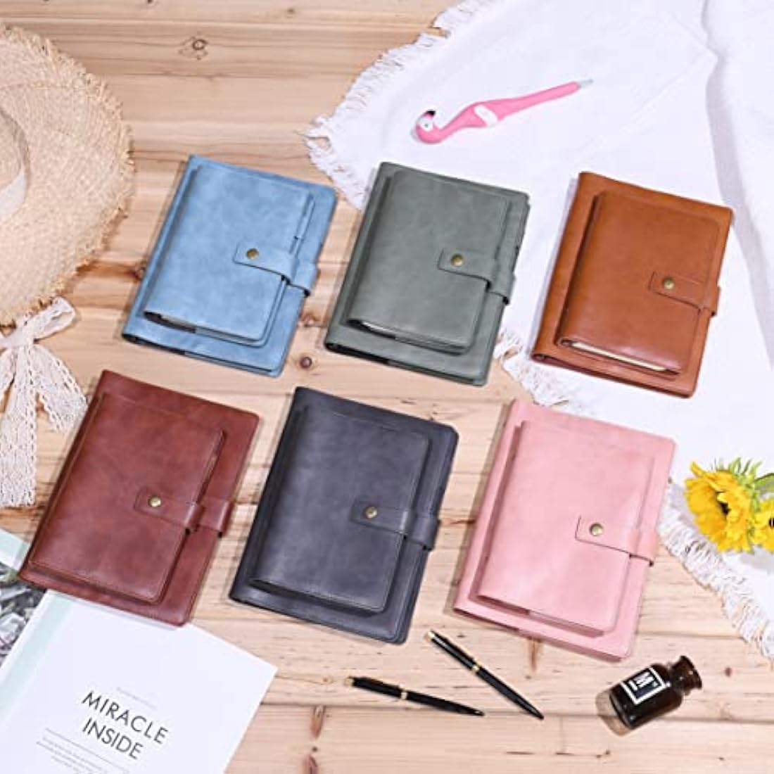 WONDERPOOL Leather Diary Refillable Notebook Spiral Journal Binder Portfolio - Dot Grid Paper & Inner Pockets Organizer for Man and Woman (Coffee, A6)