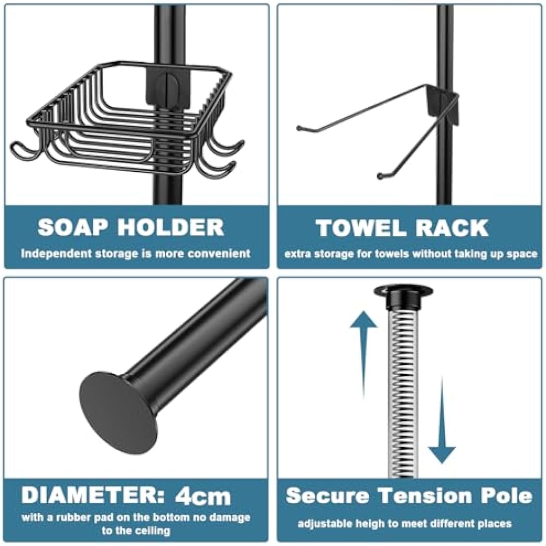 Mutool 7 Tier Adjustable Corner Shower Shelf, Telescopic Shower Caddy with Soap and Towel rack, No Drilling Bathroom Storage Organizer for Shampoo Accessories (Black)