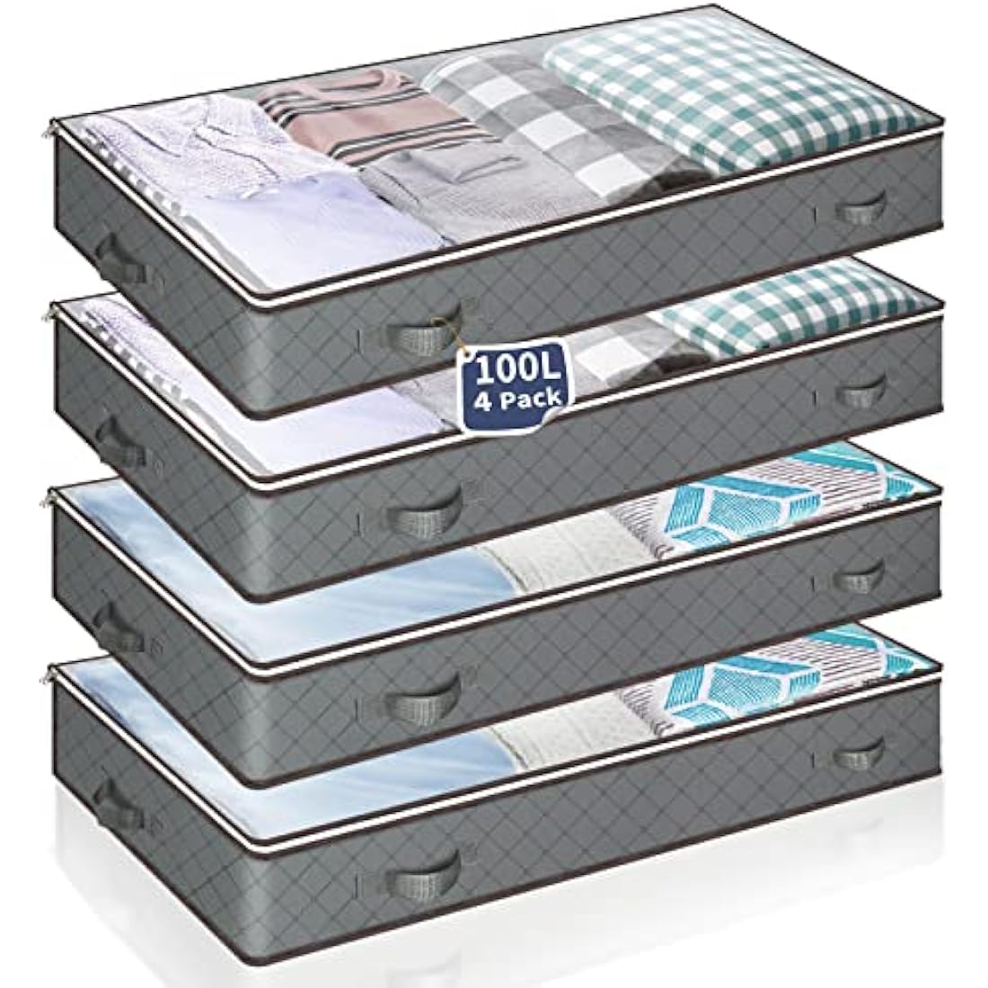 MIXC 4 Packs Underbed Storages, 100L Large Under Bed Storage Box with Lid, Storage Boxes with Lids, Storage Bags with Zip for Clothes, Comforters, Blankets, and Bedding