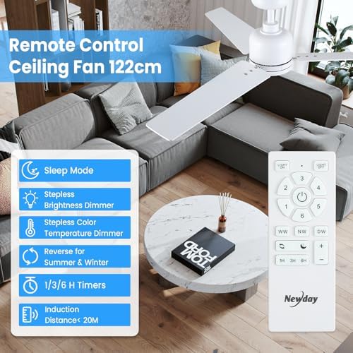 Newday 48 inch White Ceiling Fan with Lights and Remote Control, Quiet Ceiling Fan with Stepless Dimmable LED, Reversible DC Motor, 6 Speeds, 3 Timer, Memory Function for Bedroom Living Room Terrace