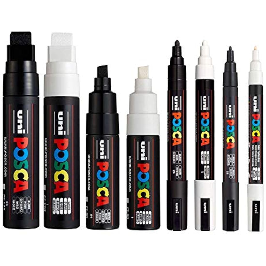 Posca - Water Based Permanent Marker Paint Pen - Multi Surface Use - PC-3M, PC-5M, PC-8K, & PC-17K Set - Black & White - Medium to Broad Pack of 8 Pens