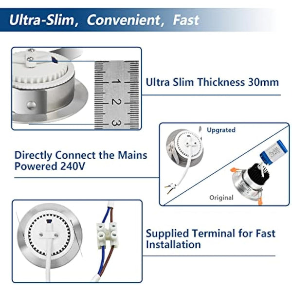 HiBay 20x 7W Recessed Ceiling Lights Ultra Thin IP44 Spotlight Brushed Chrome Down Light Warm White LED Downlight 68mm Ceiling Hole for Bathroom Kitchen Outdoor Soffits