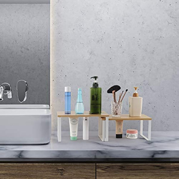 4-Pack Bamboo Kitchen Shelf Organizer for Cabinet, Expandable & Stackable Counter Cupboard Organiser, Storage Rack for Bathroom, Kitchen, Laundry Room White