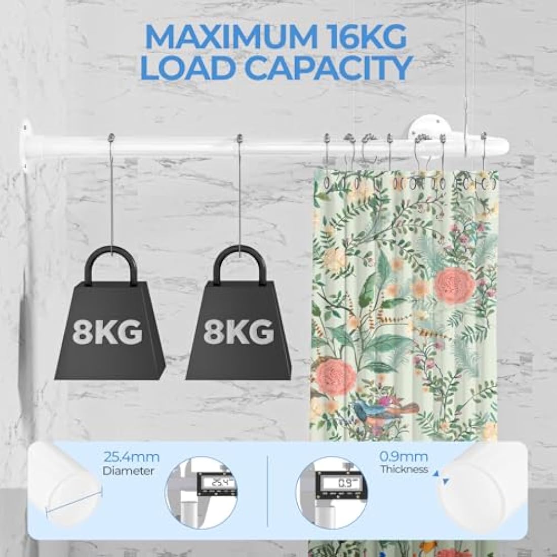 L Shaped Shower Curtain Rail, [60-135cm] x [60-135cm] Adjustable Corner Shower Curtain Rod, Wall Mounted Curved Shower Rail With 12 Rings & Ceiling Support For Bathroom Bathtubs, Need Drilling, White