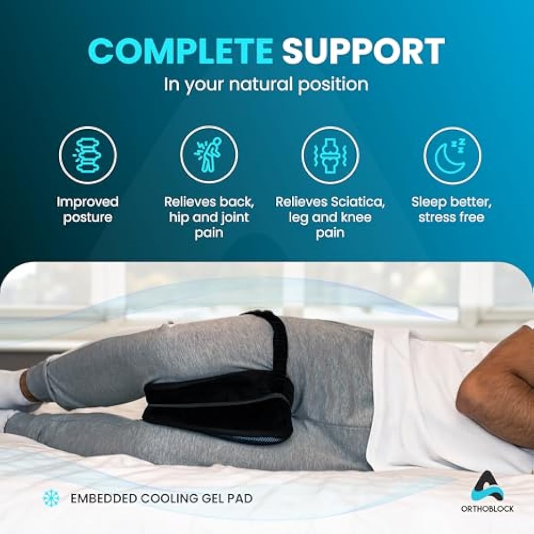ORTHOBLOCK Knee Pillow with Training Video incl | Pain Relief for Lower Back, Hip, Knee, and Joint Discomfort, Sciatica, and Pregnancy | Side Sleepers | Premium Velour Memory Foam Leg Cushion