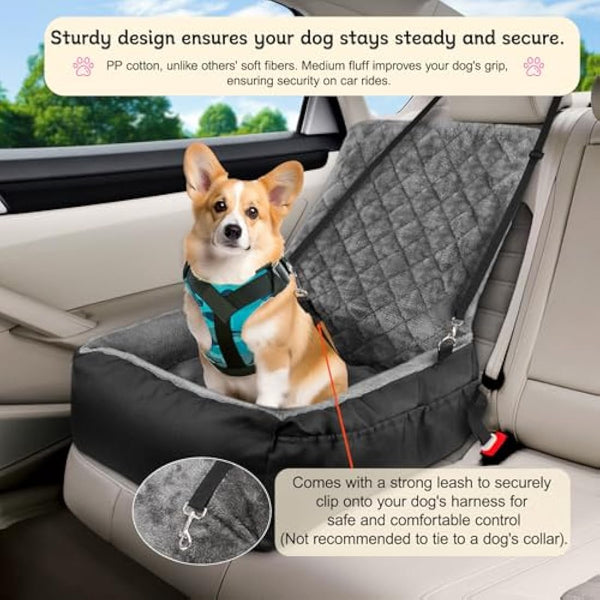 Dog Car Booster Seat for Small Dogs, Black Plush & Cosy Pet Travel Bed with Storage Pocket, Washable & Scratch Proof Pet Car Seat Bed for Back and Front Seat, Comes with a Safety Leash, Black